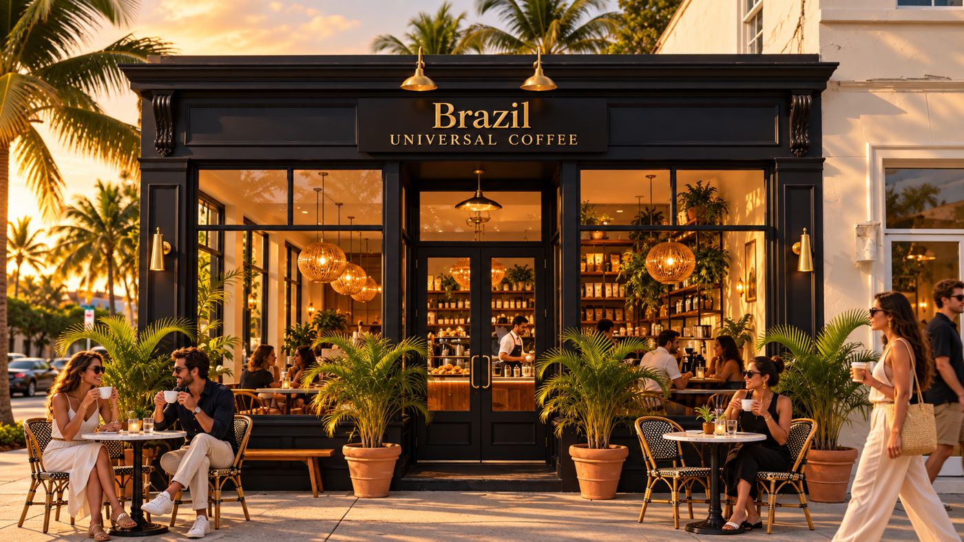 Universal Coffee storefront with the Brazil Universal Coffee sign